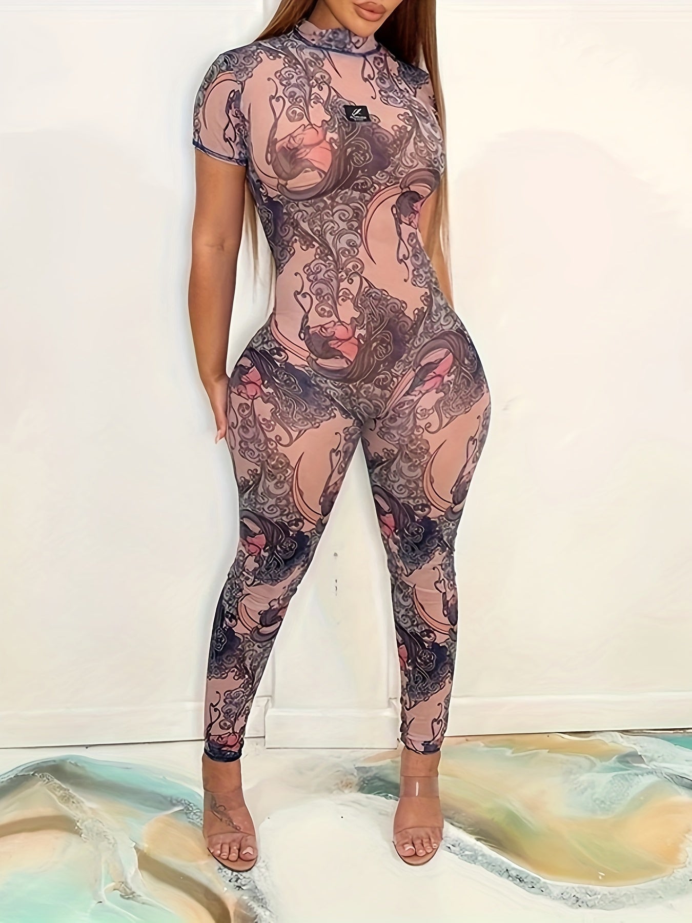 Allover Print Mock Neck Mesh Jumpsuit, Sexy Cutout Back Short Sleeve Skinny Jumpsuit For Summer, Women's Clothing
